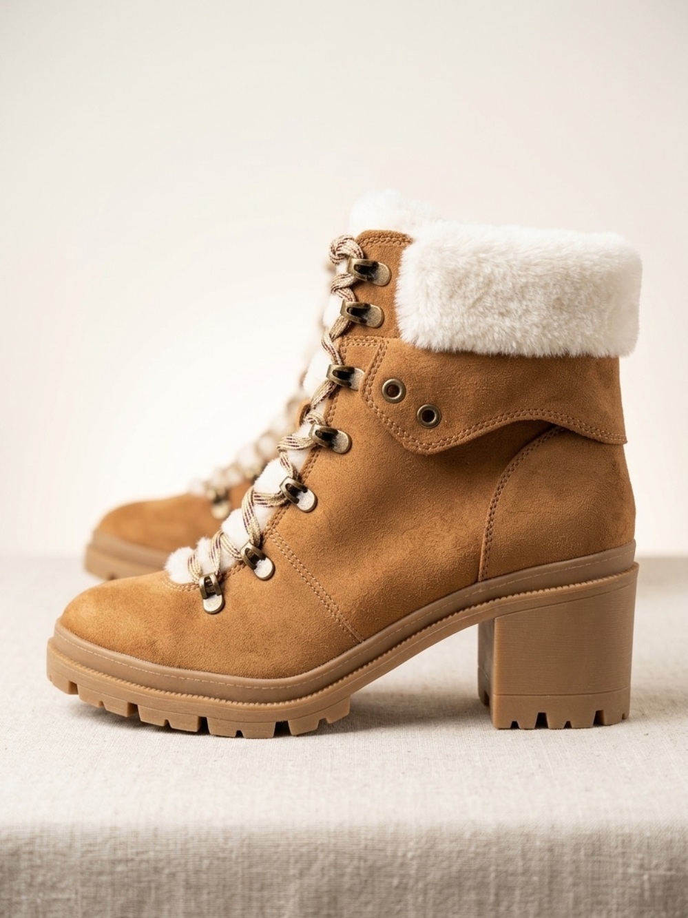 Women's Tan Suede Faux-Shearling Lace-Up Block Heel Boot